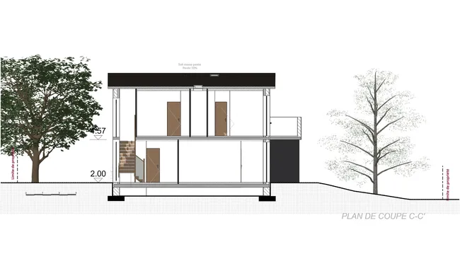 Plan de coupe annoté d'une maison sur terrain en pente généré avec Cedreo