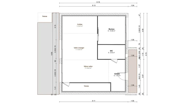 plan 2D simple avec cotes et composition des murs du rez de chassée d'une maison de ville