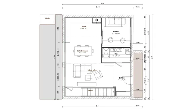 plan 2D avec symboles, cotes et composition des murs du rez de chassée d'une maison de ville