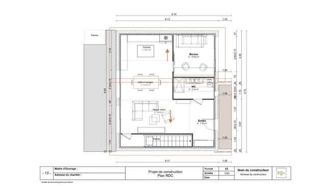 Plan 2D sur une page de présentation d'avant-projet de construction de maison